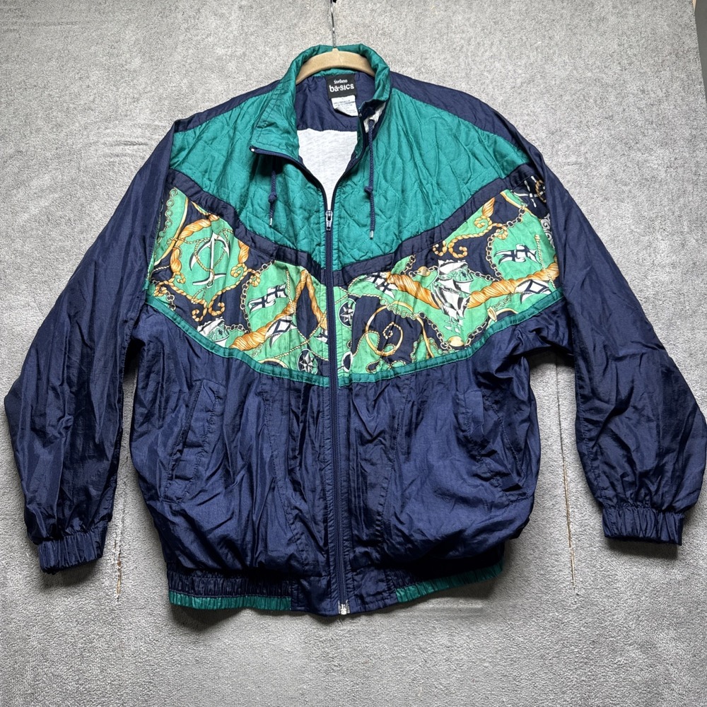Vintage 90s Navy Green Windbreaker Jacket Womens L Nautical Abstract Print Retro